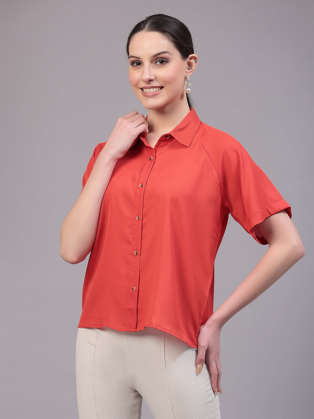 Style Quotient Women Relaxed Fit Orange Spread Collar Raglan Sleeve Shirt-Shirts-StyleQuotient