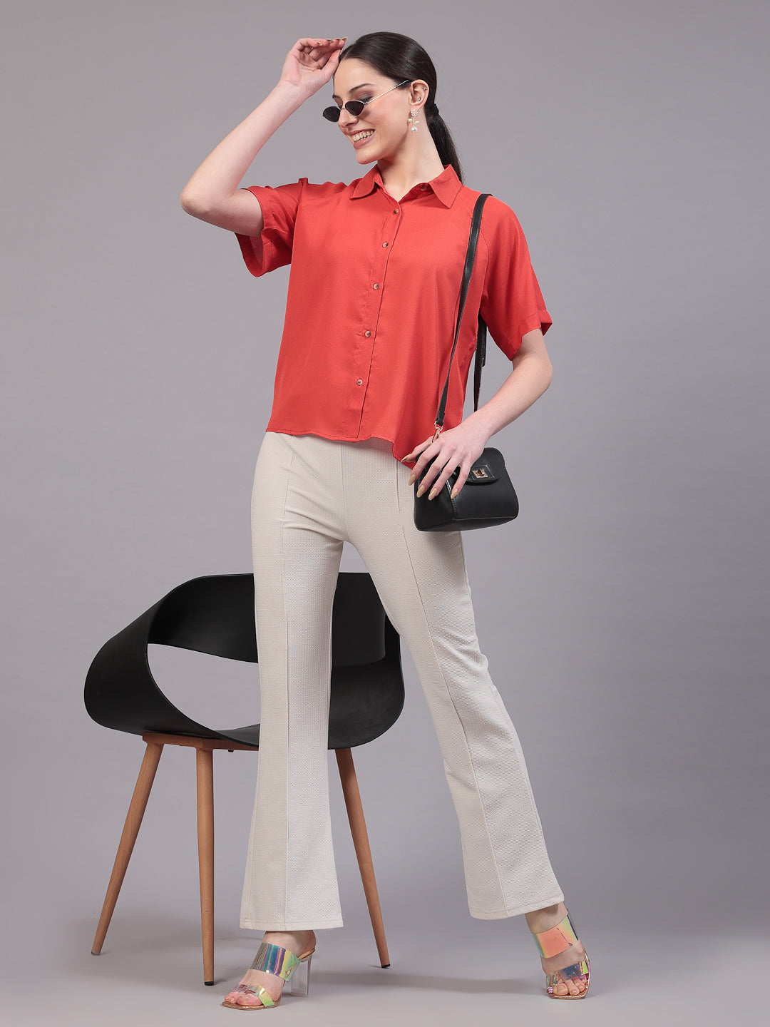 Style Quotient Women Relaxed Fit Orange Spread Collar Raglan Sleeve Shirt-Shirts-StyleQuotient