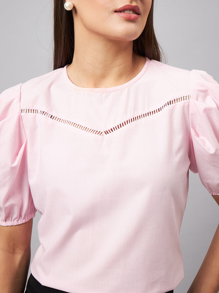 Style Quotient women Pink Round Neck Puff Sleeves Smart Top-Tops-StyleQuotient