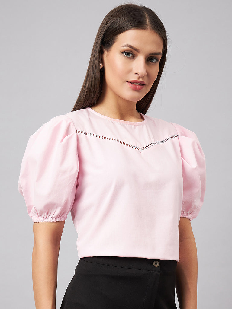 Style Quotient women Pink Round Neck Puff Sleeves Smart Top-Tops-StyleQuotient