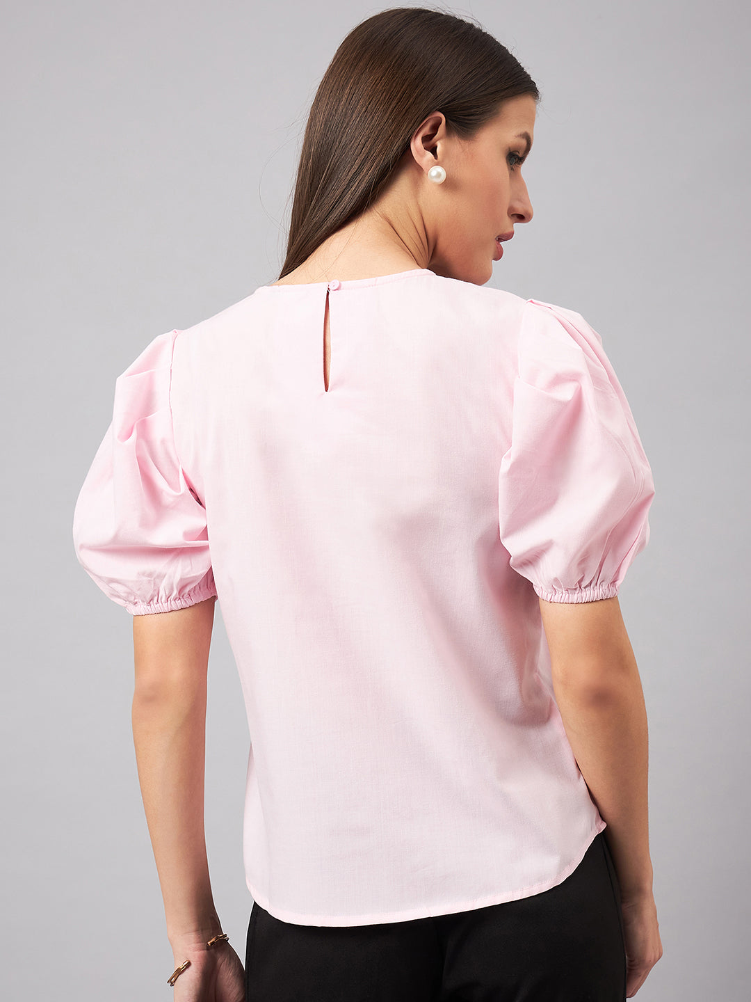 Style Quotient women Pink Round Neck Puff Sleeves Smart Top-Tops-StyleQuotient