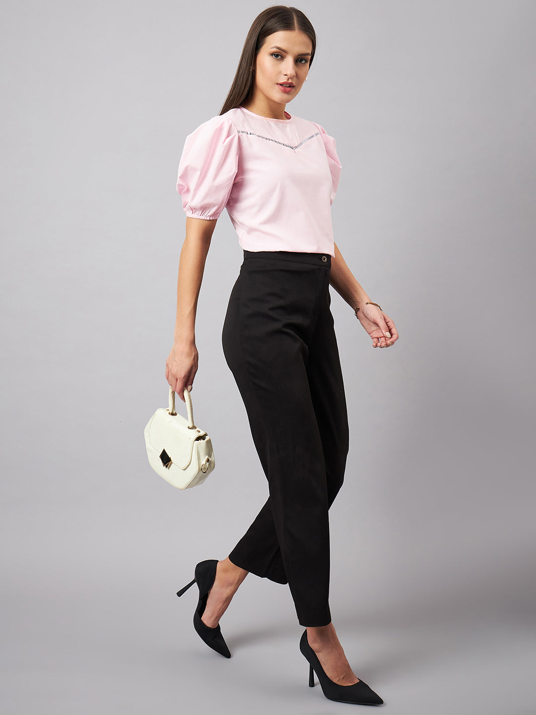 Style Quotient women Pink Round Neck Puff Sleeves Smart Top-Tops-StyleQuotient