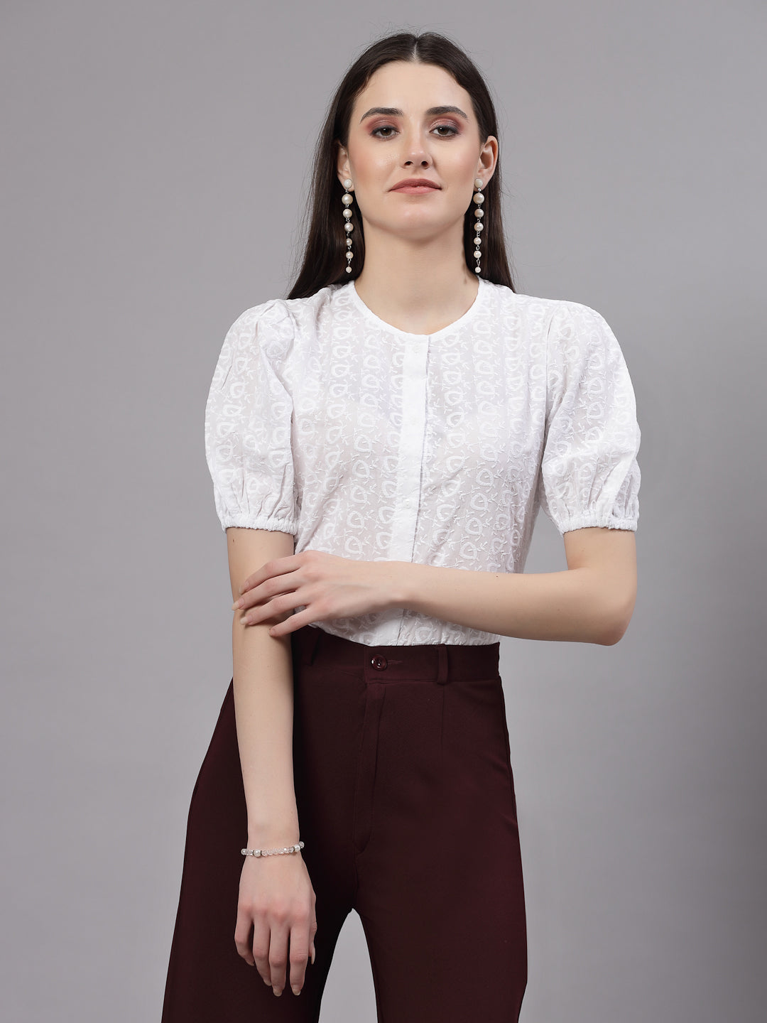 Style Quotient Women White Smart Round Neck Button Down Top-Shirts-StyleQuotient