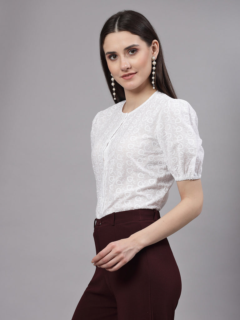 Style Quotient Women White Smart Round Neck Button Down Top-Shirts-StyleQuotient