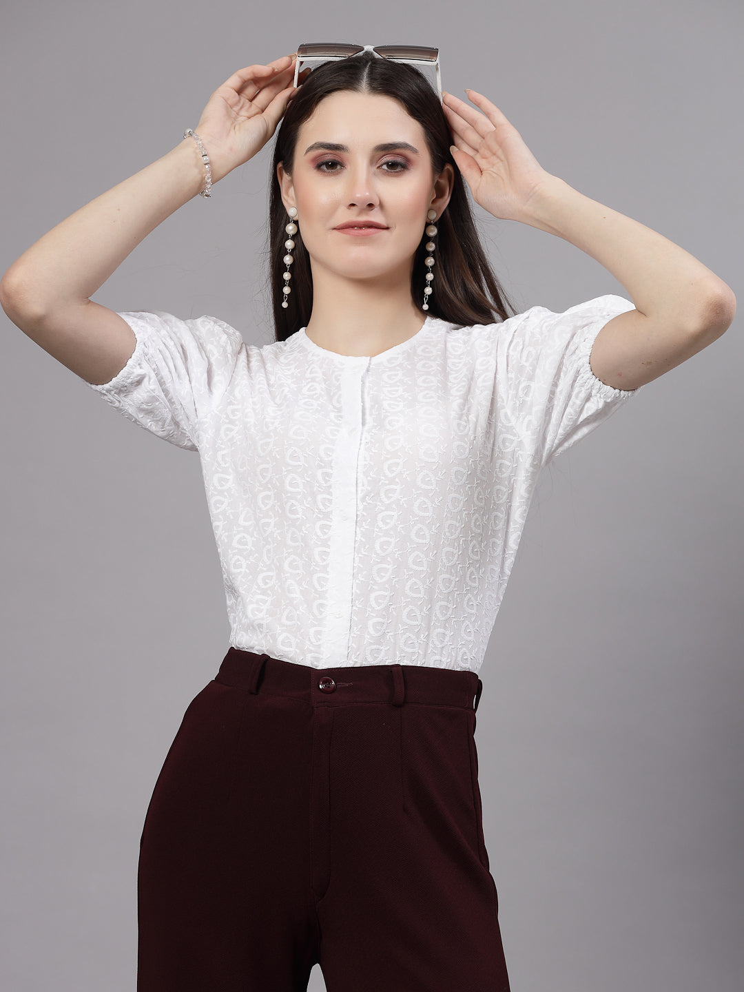 Style Quotient Women White Smart Round Neck Button Down Top-Shirts-StyleQuotient