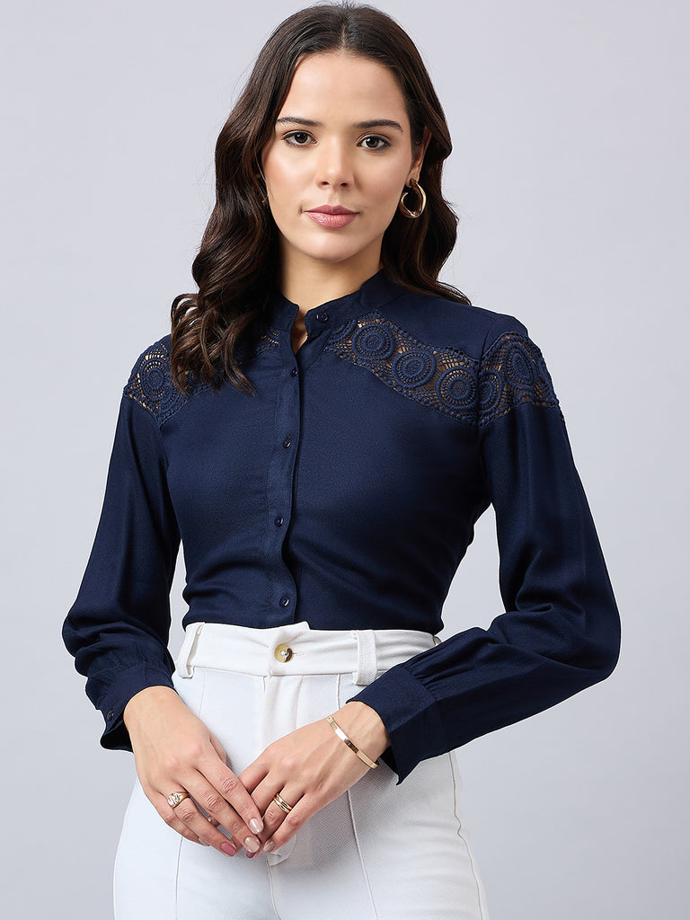 Style Quotient Women Solid Full Sleeve Shirt with Lace Incert Details.-Shirts-StyleQuotient