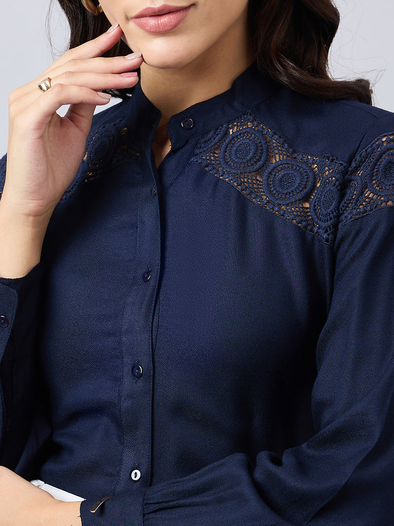 Style Quotient Women Solid Full Sleeve Shirt with Lace Incert Details.-Shirts-StyleQuotient