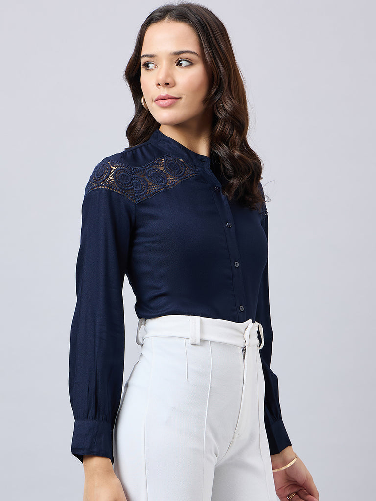 Style Quotient Women Solid Full Sleeve Shirt with Lace Incert Details.-Shirts-StyleQuotient