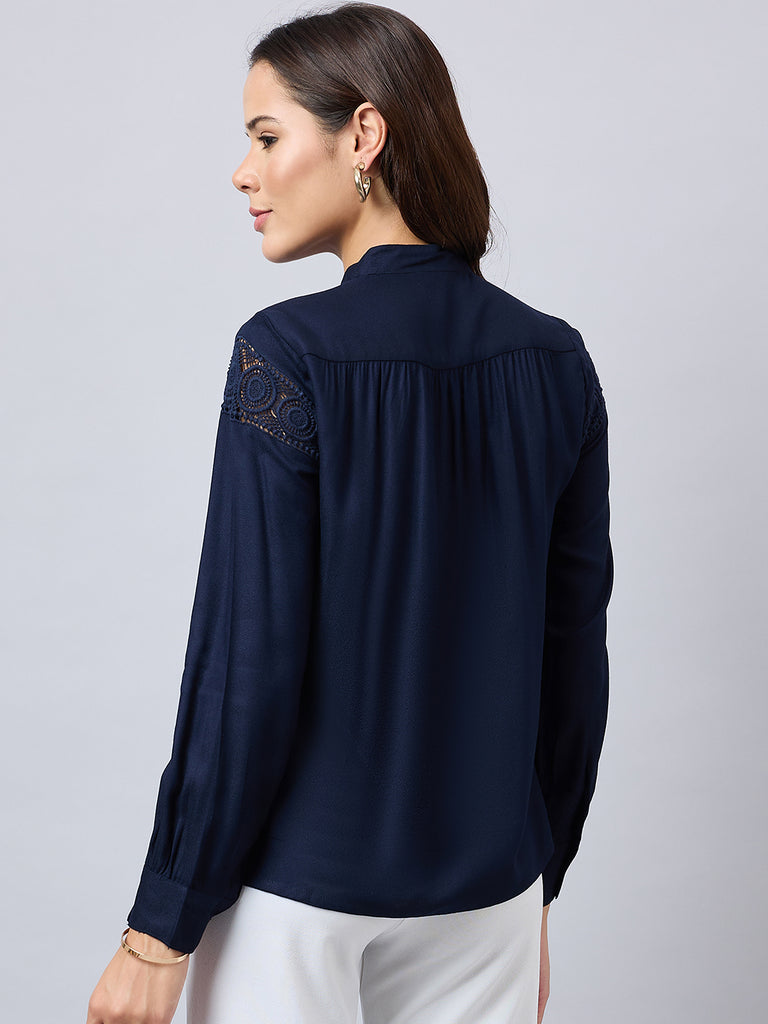 Style Quotient Women Solid Full Sleeve Shirt with Lace Incert Details.-Shirts-StyleQuotient