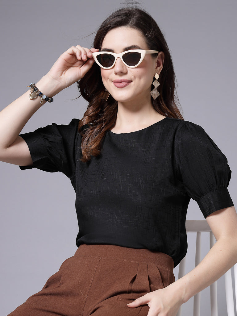 Style Quotient Women Black Solid Polyester Regular Smart Casual Top-Tops-StyleQuotient