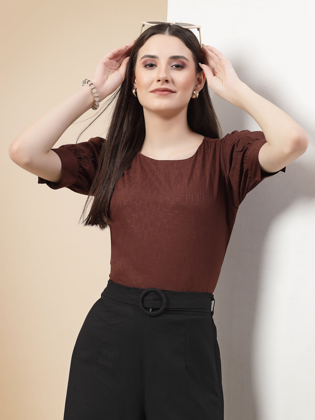 Style Quotient Women Brown Solid Polyester Regular Smart Casual Top-Tops-StyleQuotient