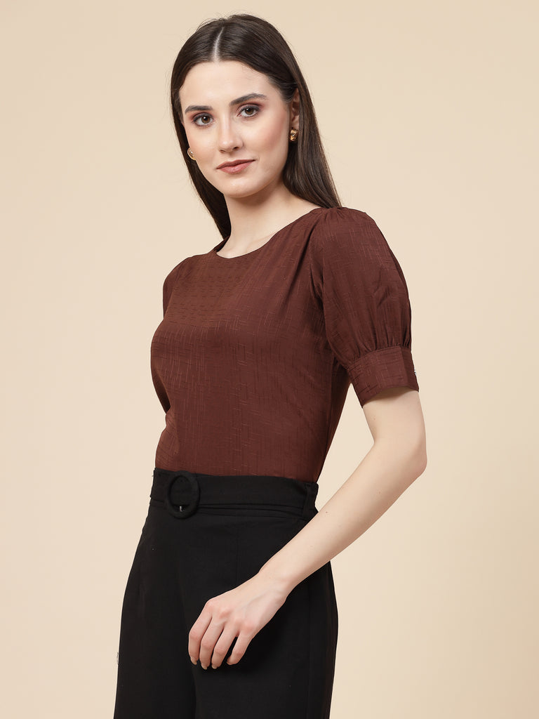 Style Quotient Women Brown Solid Polyester Regular Smart Casual Top-Tops-StyleQuotient