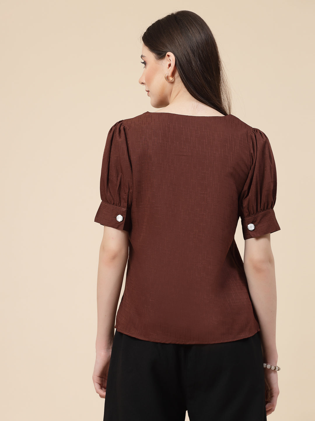 Style Quotient Women Brown Solid Polyester Regular Smart Casual Top-Tops-StyleQuotient