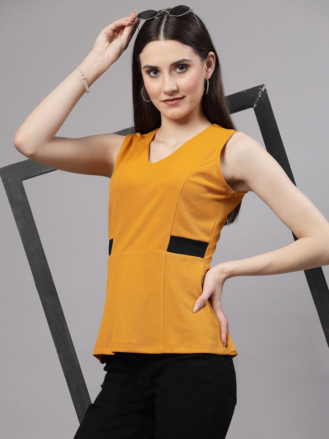 Style Quotient Women Smart Mustard Sleeveless Peplum Top-Tops-StyleQuotient