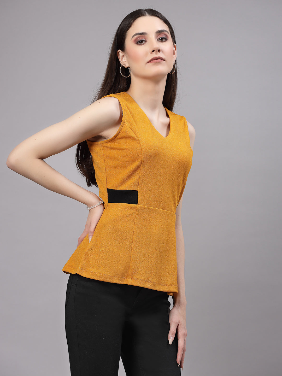 Style Quotient Women Smart Mustard Sleeveless Peplum Top-Tops-StyleQuotient