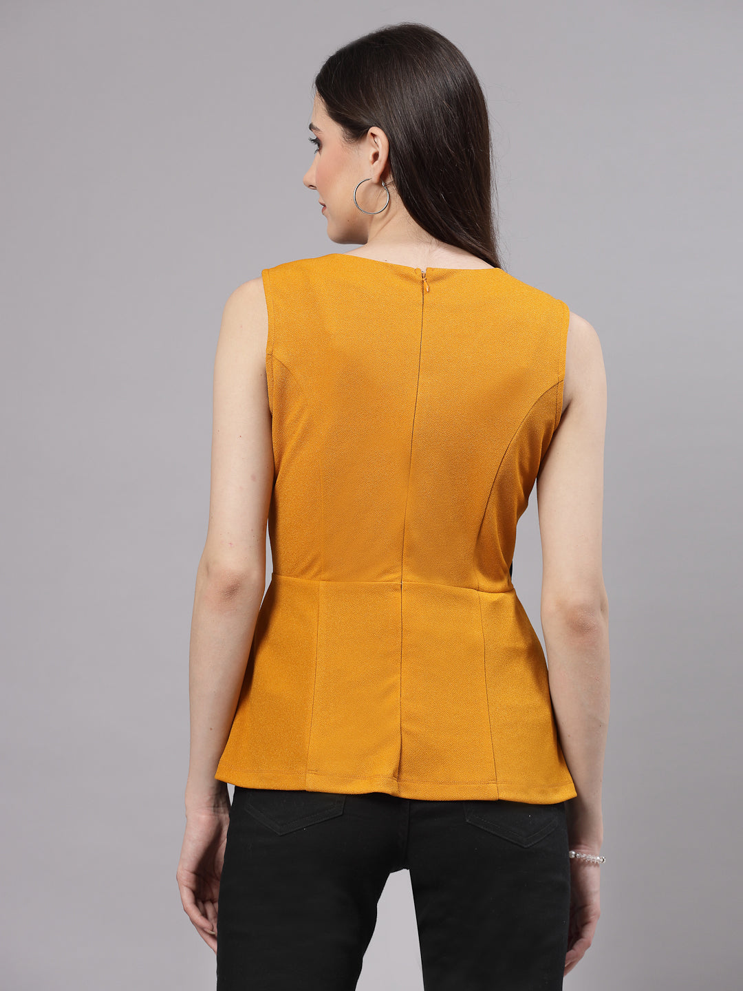 Style Quotient Women Smart Mustard Sleeveless Peplum Top-Tops-StyleQuotient