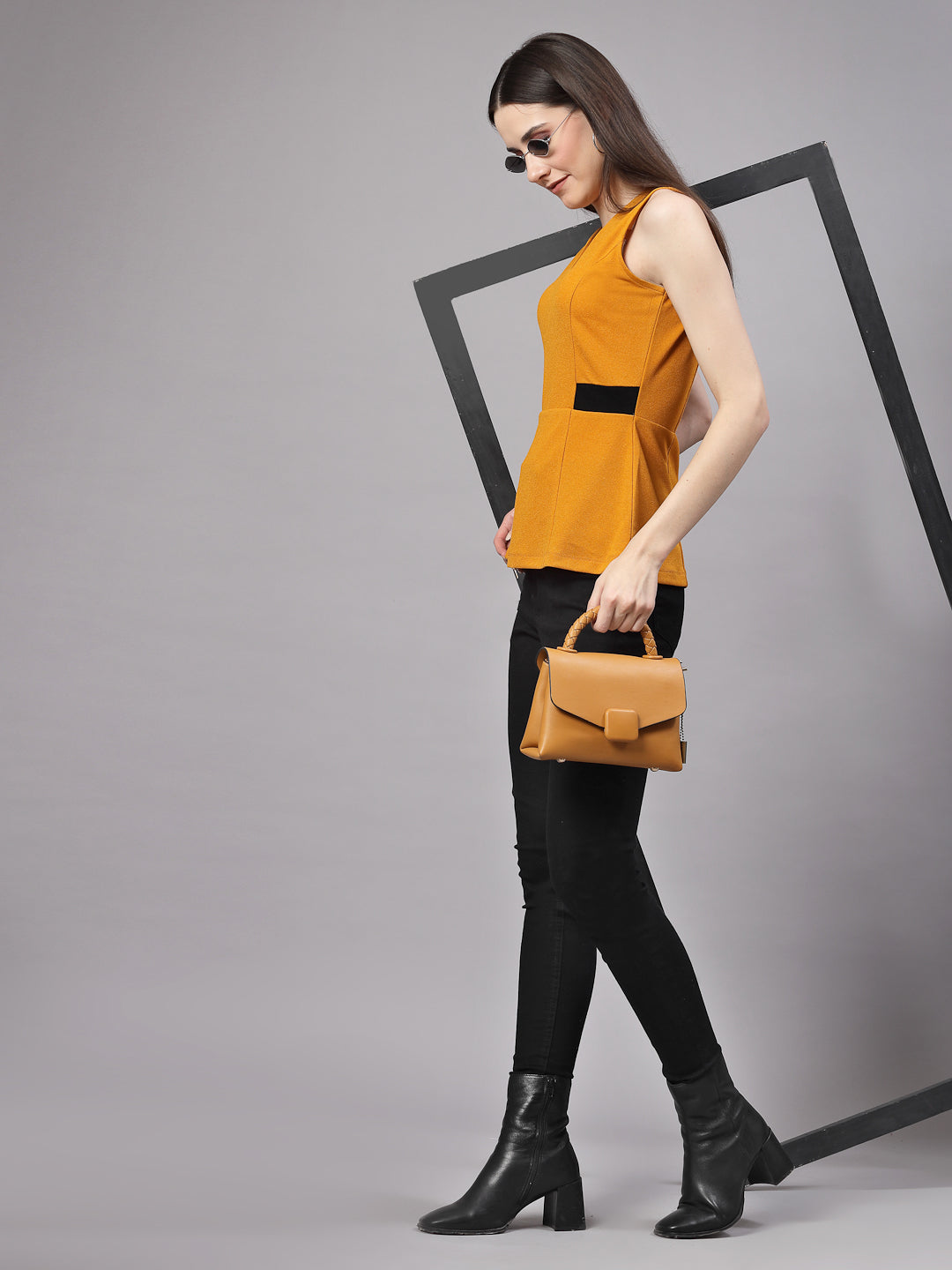 Style Quotient Women Smart Mustard Sleeveless Peplum Top-Tops-StyleQuotient