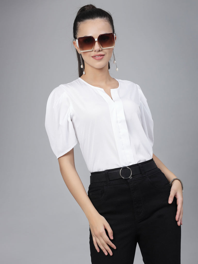 Style Quotient Women White Solid Polyester Regular Smart Casual Top-Tops-StyleQuotient