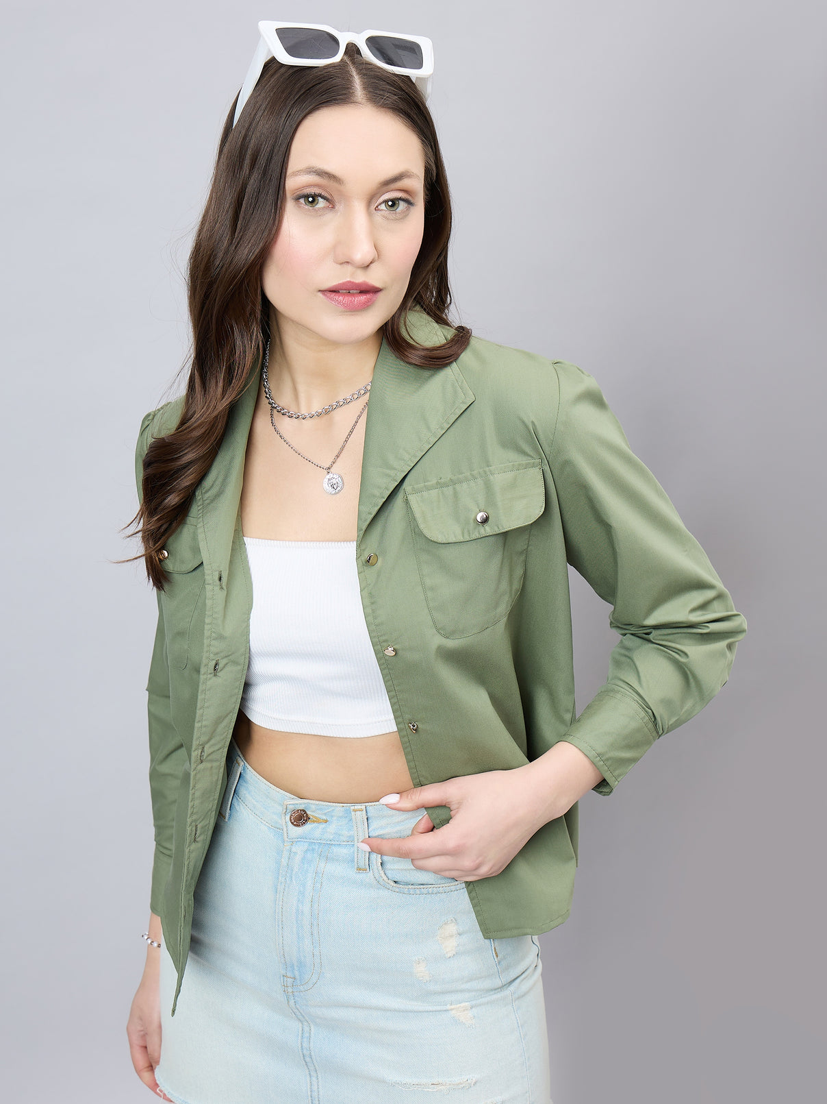 Style Quotient Women Solid Olive Polycotton Relaxed Fit smart casual Shacket-Shirts-StyleQuotient