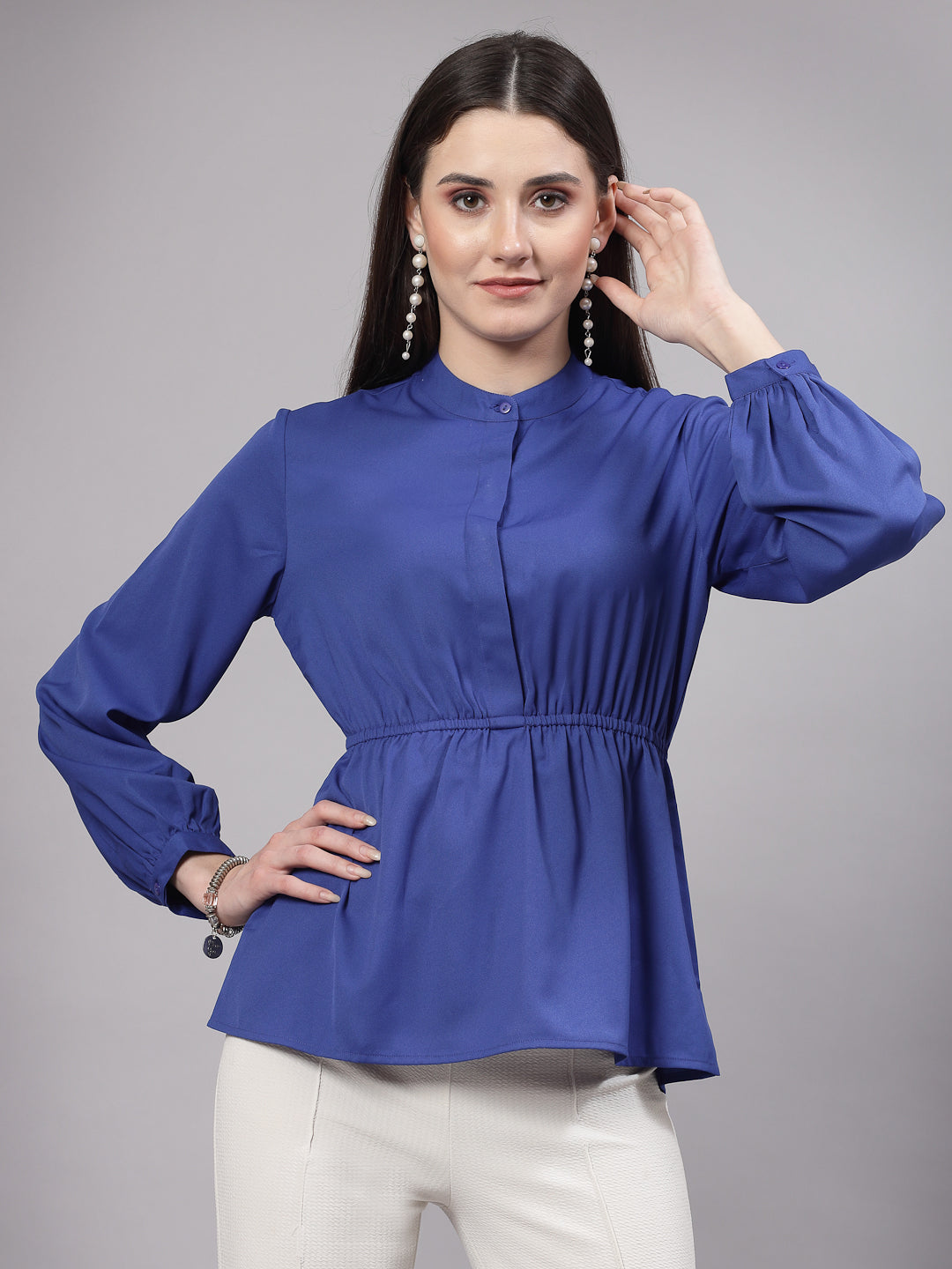 Style Quotient Women Blue Smart Peplum Top-Tops-StyleQuotient