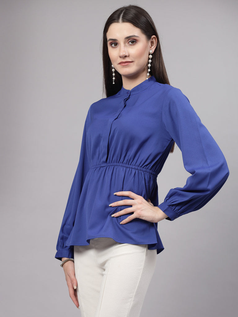 Style Quotient Women Blue Smart Peplum Top-Tops-StyleQuotient