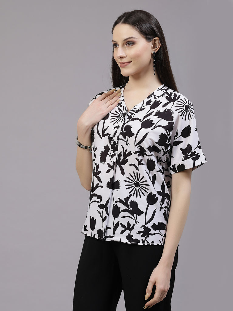 Style Quotient Women Relaxed Fit Black and White V-neck Extended Sleeve Top-Shirts-StyleQuotient