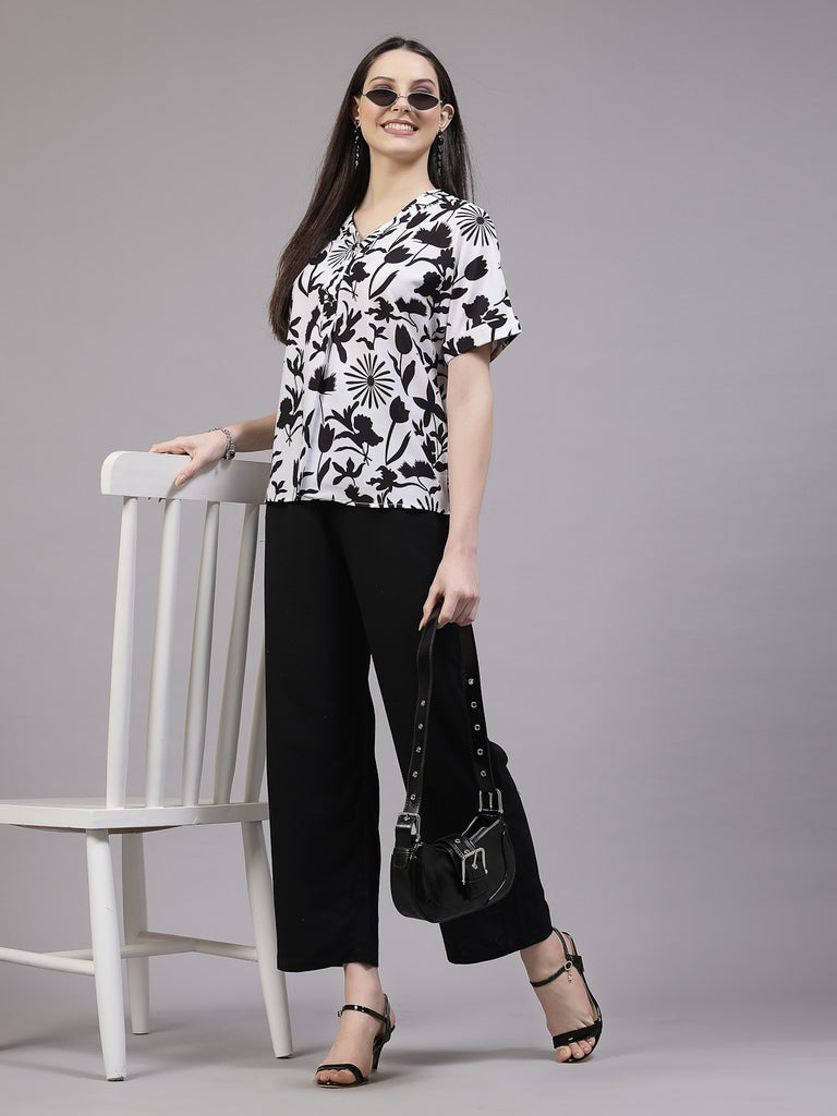 Style Quotient Women Relaxed Fit Black and White V-neck Extended Sleeve Top-Shirts-StyleQuotient