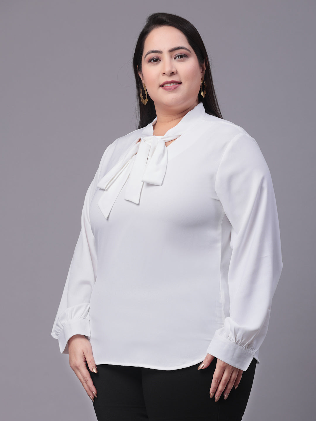 Style Quotient Women White Tie-Up Neck Full Sleeves Smart Plus Size Top-Tops-StyleQuotient