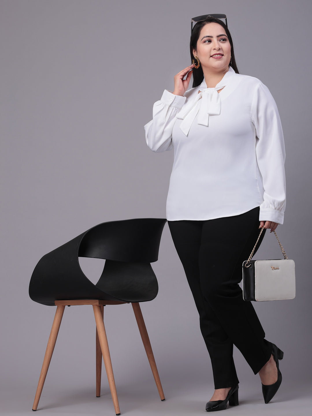 Style Quotient Women White Tie-Up Neck Full Sleeves Smart Plus Size Top-Tops-StyleQuotient