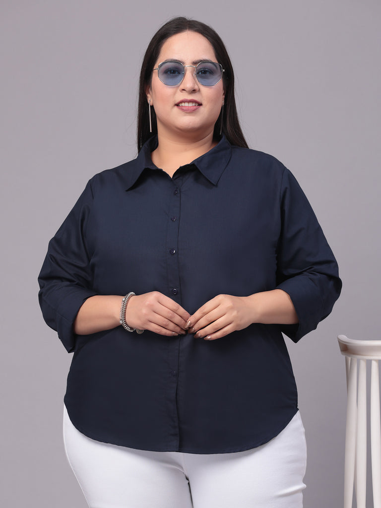 Style Quotient Women Navy Blue Plus Size Classic Smart Formal Shirt-Shirts-StyleQuotient