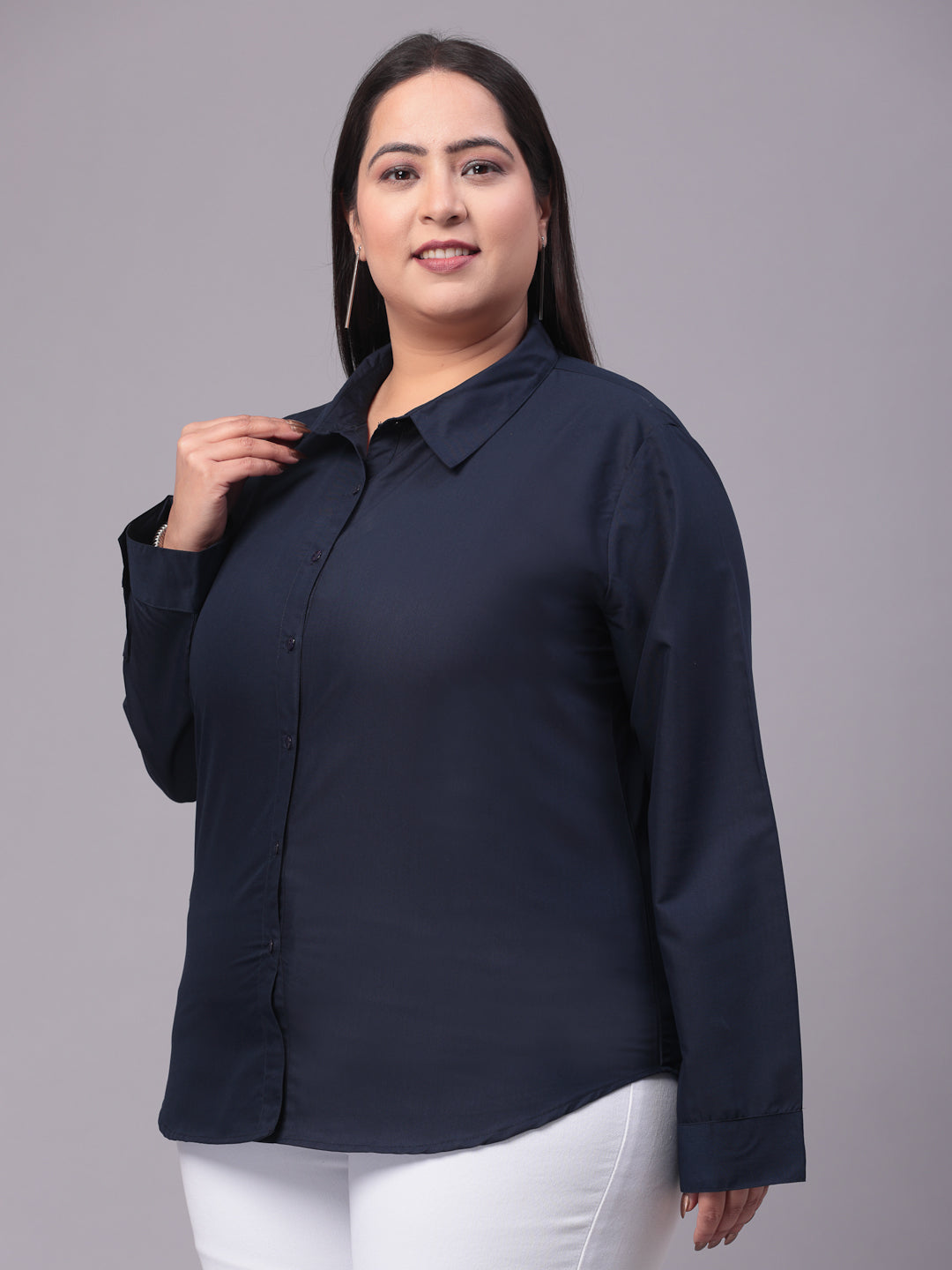 Style Quotient Women Navy Blue Plus Size Classic Smart Formal Shirt-Shirts-StyleQuotient