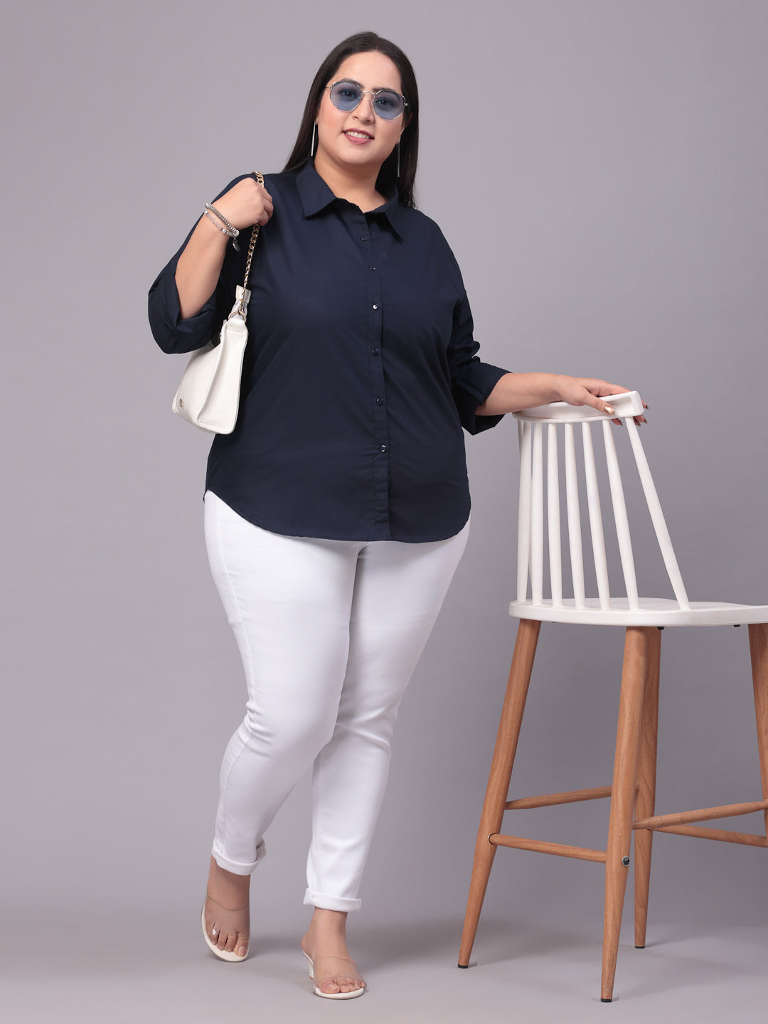 Style Quotient Women Navy Blue Plus Size Classic Smart Formal Shirt-Shirts-StyleQuotient