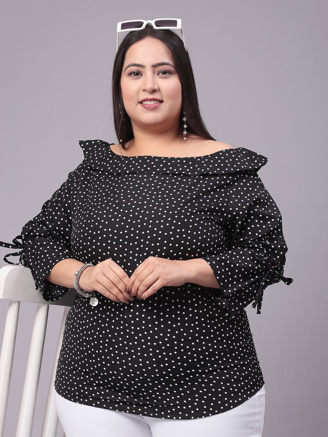 Style Quotient Women Black & White Polk Dot Print Bardot Plus Size Top-Tops-StyleQuotient