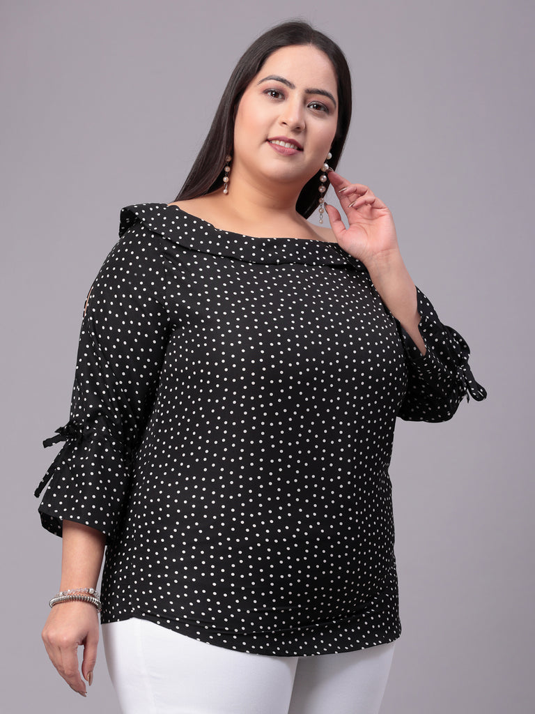 Style Quotient Women Black & White Polk Dot Print Bardot Plus Size Top-Tops-StyleQuotient