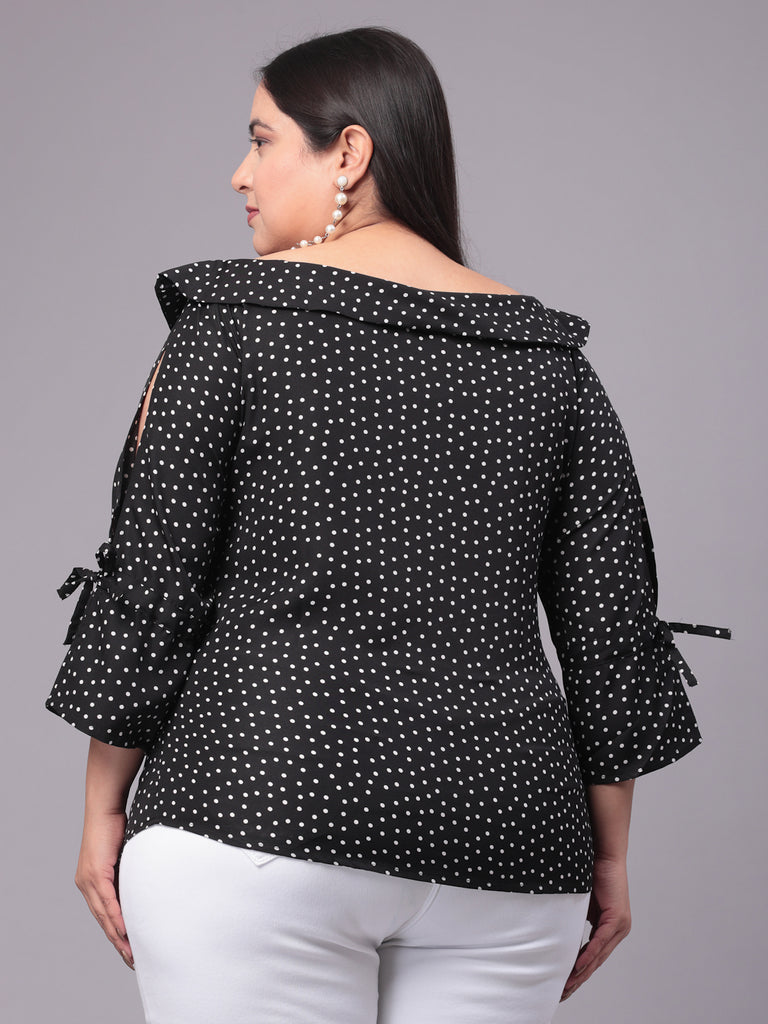 Style Quotient Women Black & White Polk Dot Print Bardot Plus Size Top-Tops-StyleQuotient