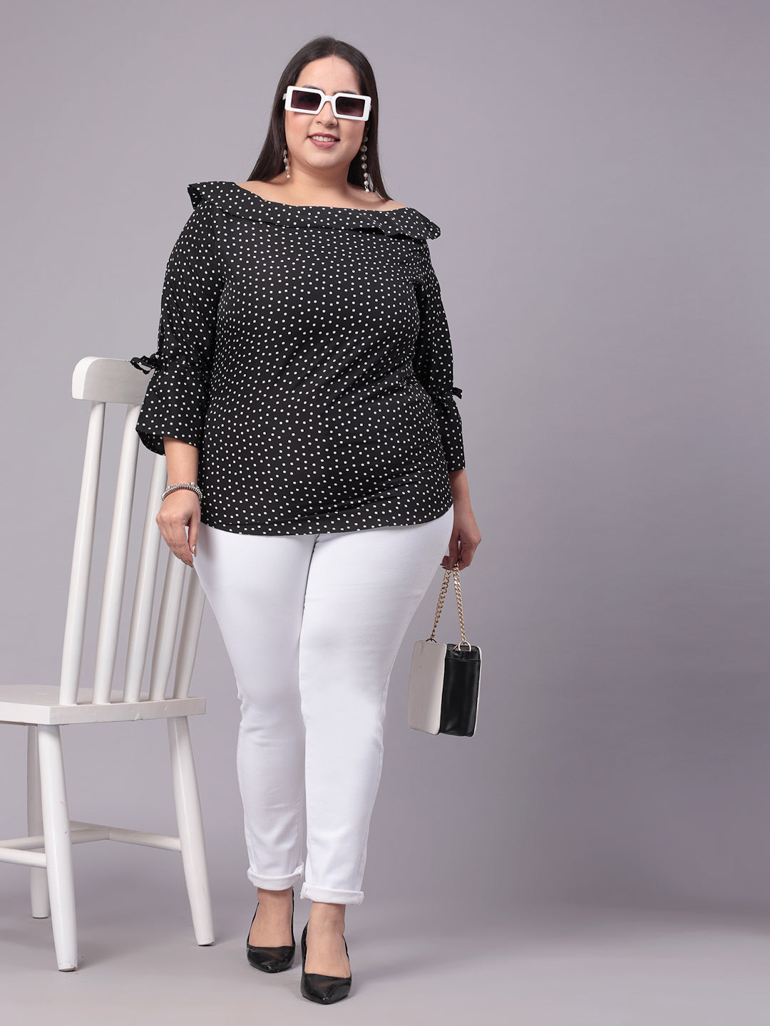 Style Quotient Women Black & White Polk Dot Print Bardot Plus Size Top-Tops-StyleQuotient