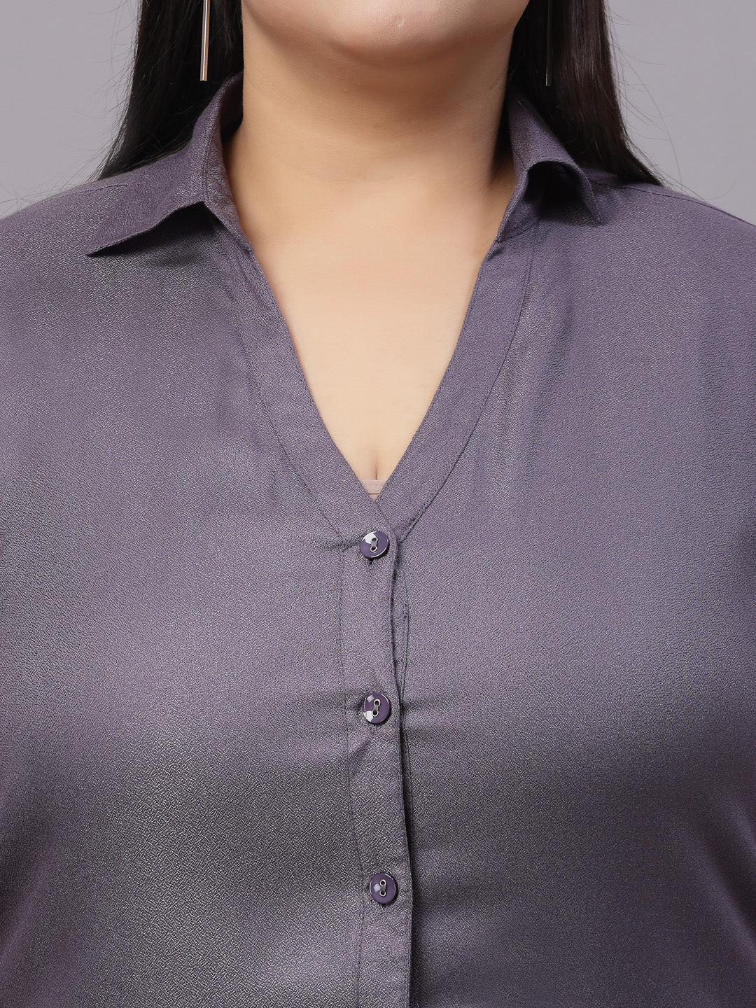 Style Quotient Women Grey Classic Smart V-neck Shirt-Shirts-StyleQuotient