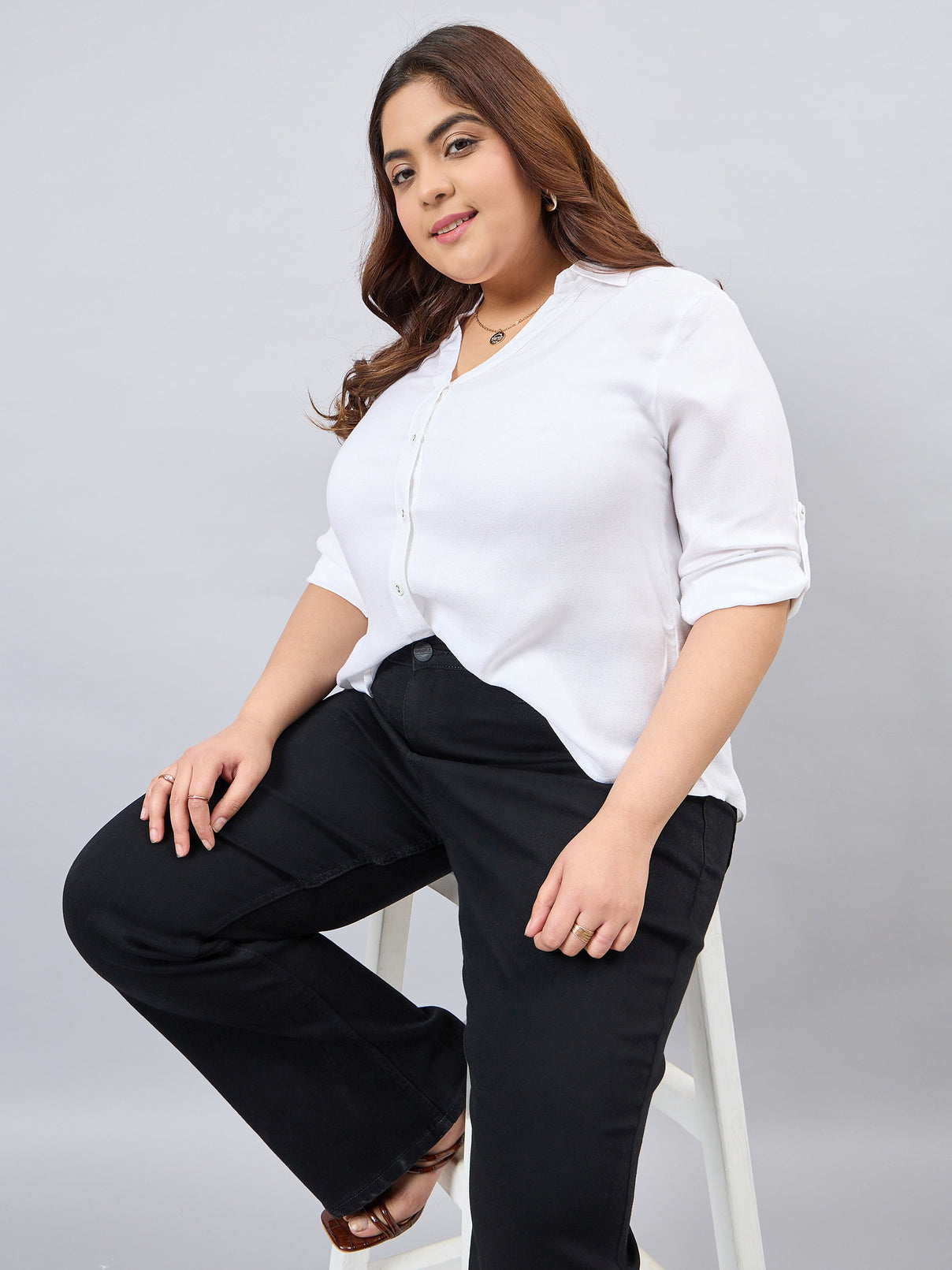 Style Quotient Women White Classic Smart V-neck Plus Size Shirt-Shirts-StyleQuotient