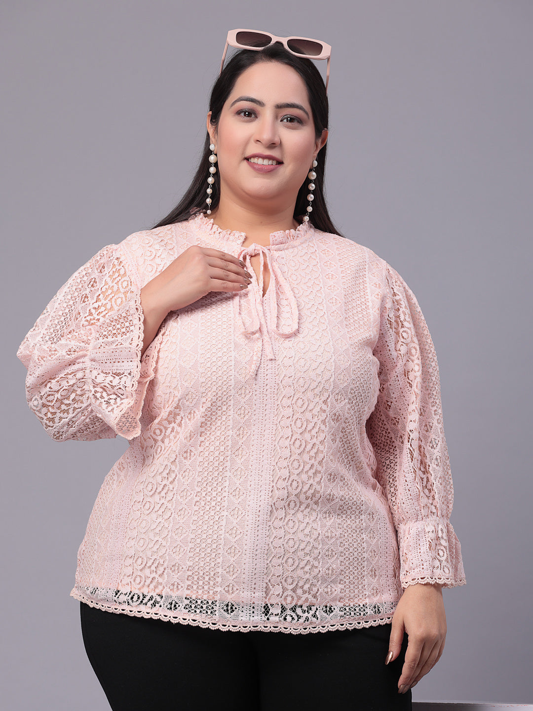 Style Quotient Women Self Design Tie-Up Neck Puff Sleeves Lace Cotton Plus Size Top-Tops-StyleQuotient