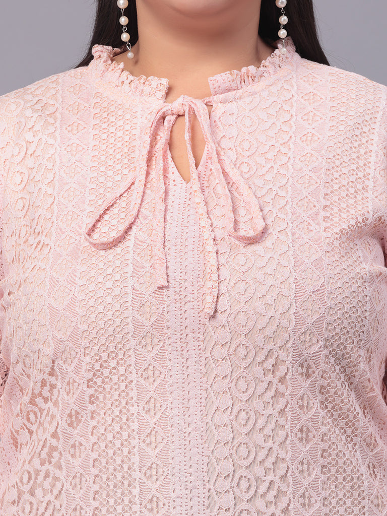 Style Quotient Women Self Design Tie-Up Neck Puff Sleeves Lace Cotton Plus Size Top-Tops-StyleQuotient