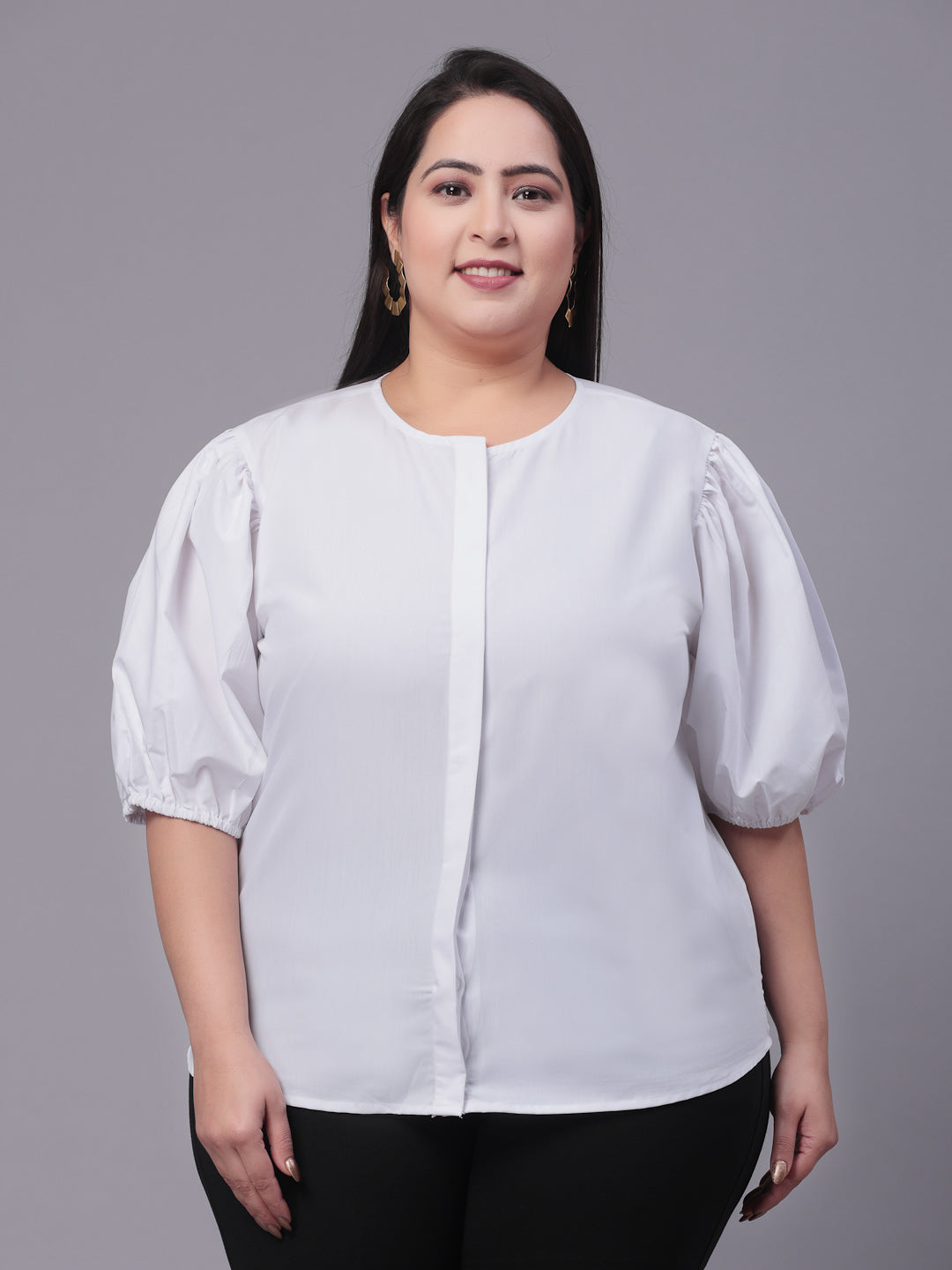 Style Quotient Women White Smart Opaque Collarless Puff Sleeves Cotton Formal Shirt-Shirts-StyleQuotient