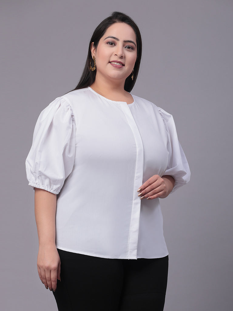 Style Quotient Women White Smart Opaque Collarless Puff Sleeves Cotton Formal Shirt-Shirts-StyleQuotient