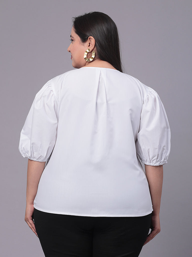 Style Quotient Women White Smart Opaque Collarless Puff Sleeves Cotton Formal Shirt-Shirts-StyleQuotient