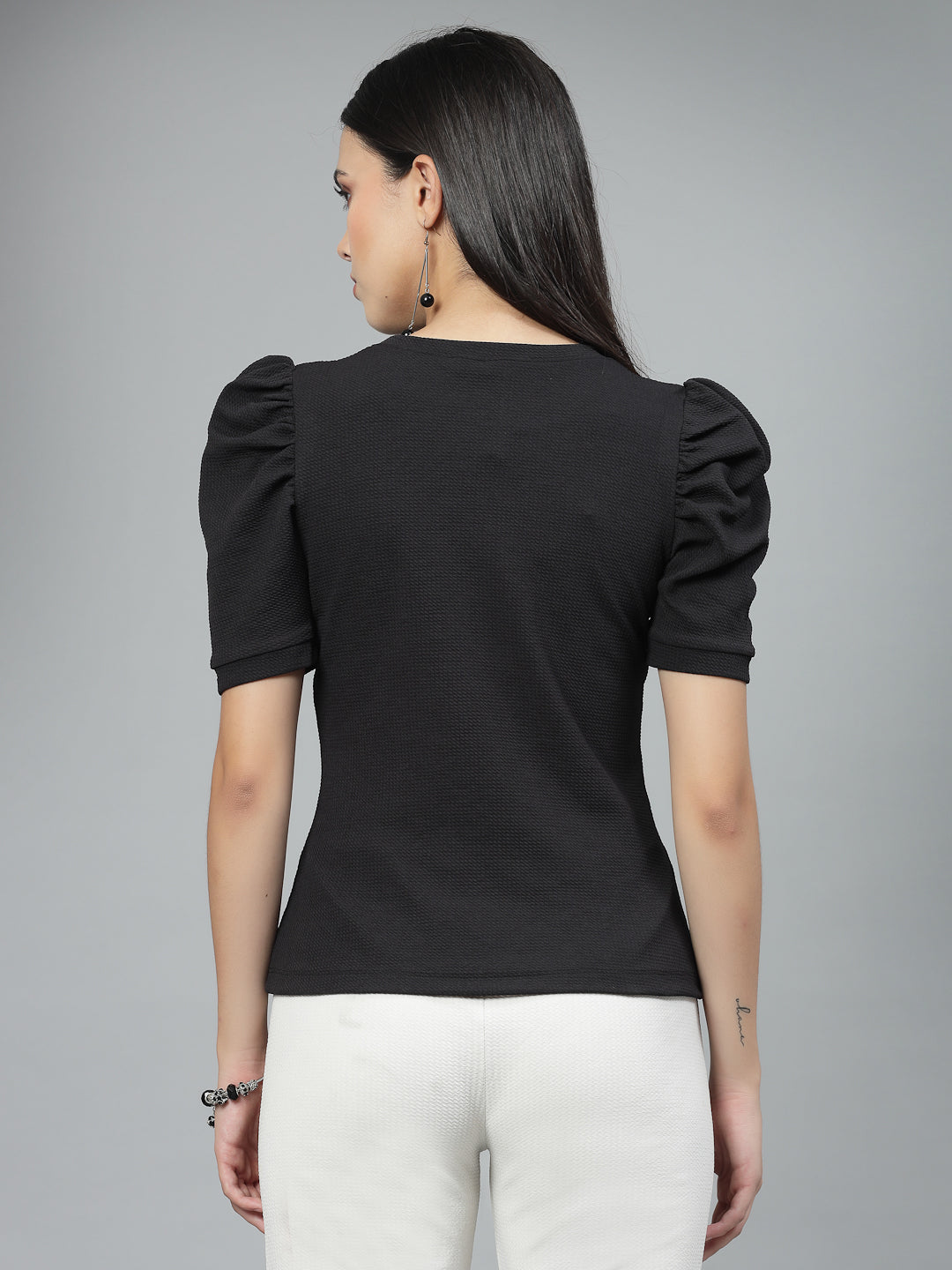 Style Quotient Women Black Poly Knit Smart Casual Top-Tops-StyleQuotient