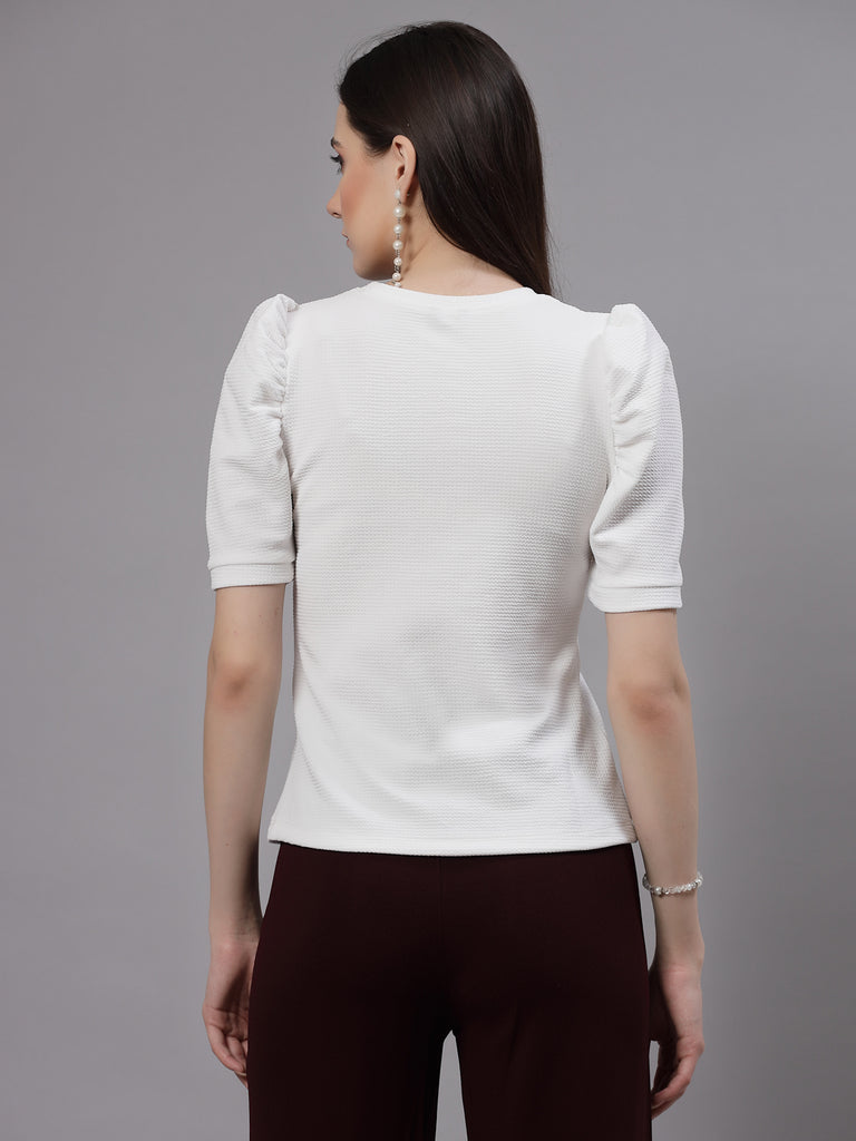Style Quotient Women White Poly Knit Smart Casual Top-Tops-StyleQuotient