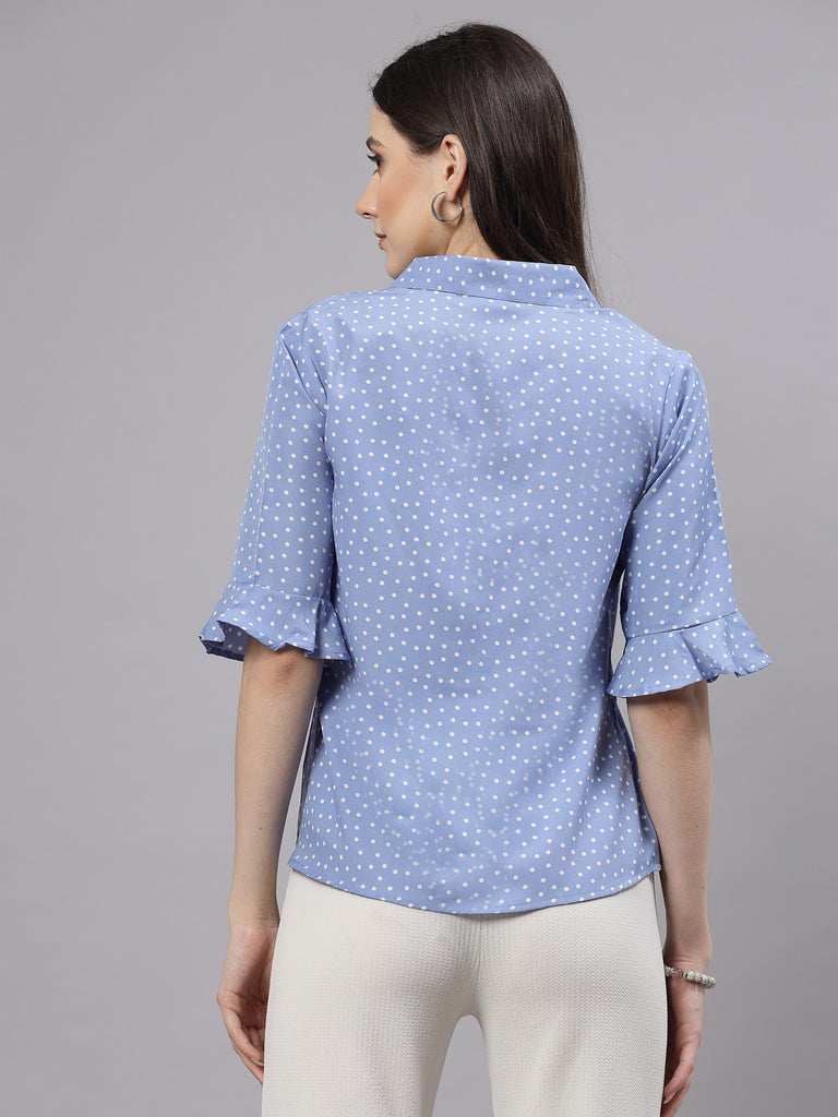 Style Quotient Women Smart Blue & White Polka Dot Flare Sleeve Top-Tops-StyleQuotient