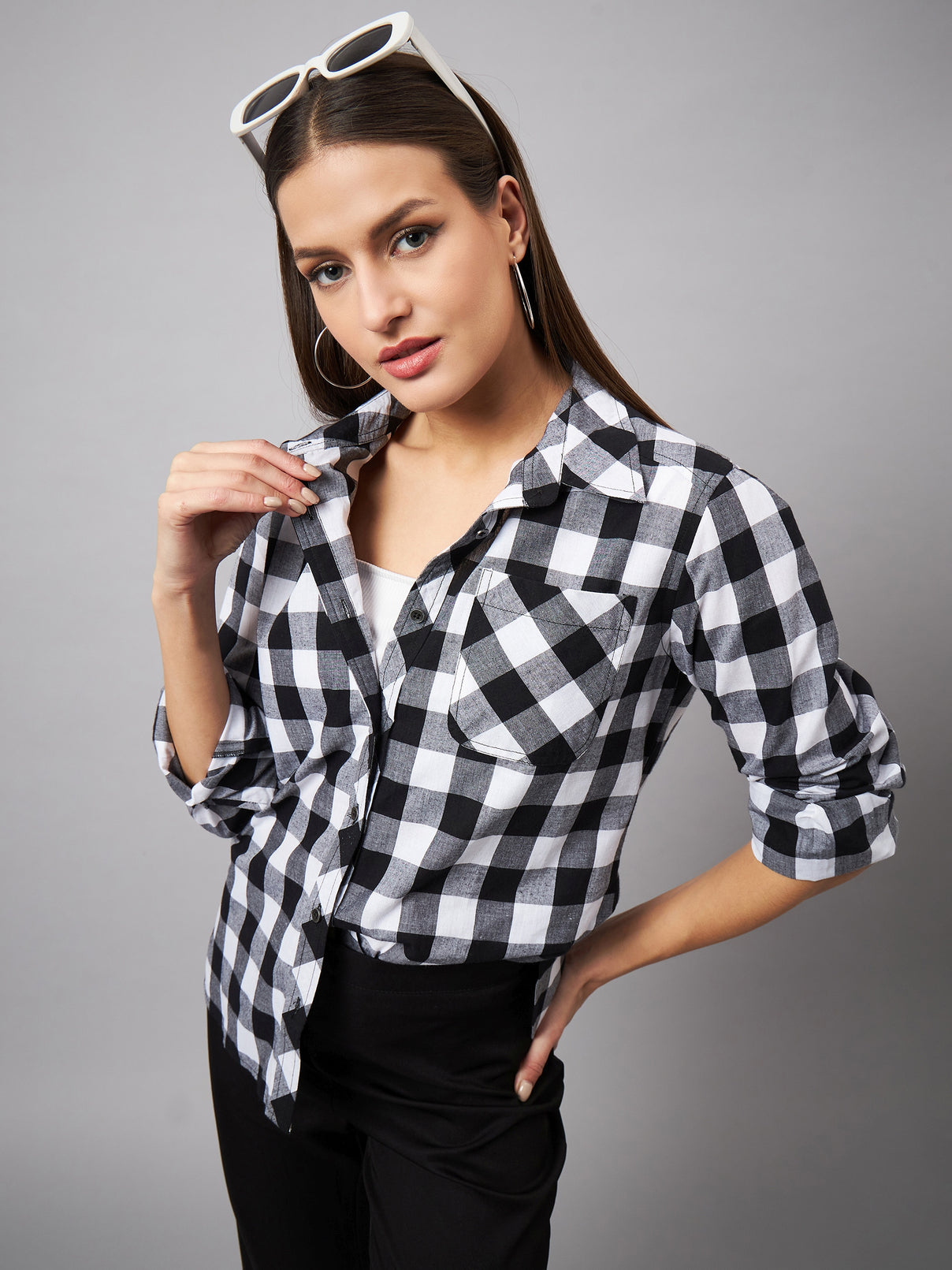 Style Quotient Women Casual Black and White Checks Spread Collar Full Sleeve Shirt-Shirts-StyleQuotient