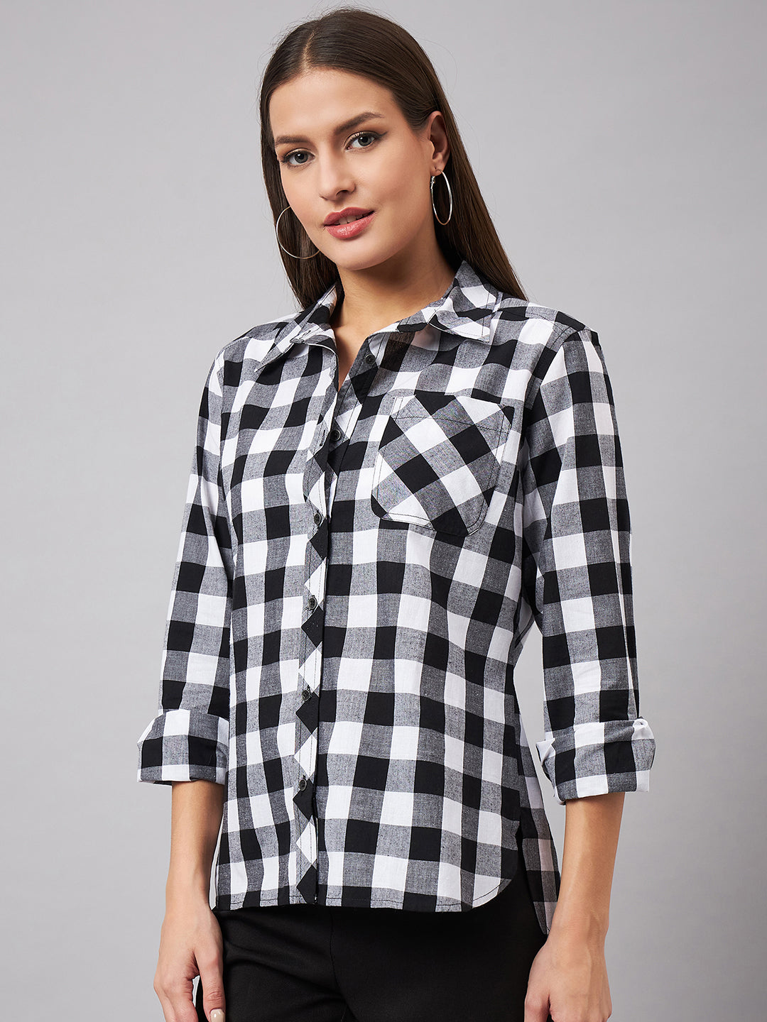 Style Quotient Women Casual Black and White Checks Spread Collar Full Sleeve Shirt-Shirts-StyleQuotient