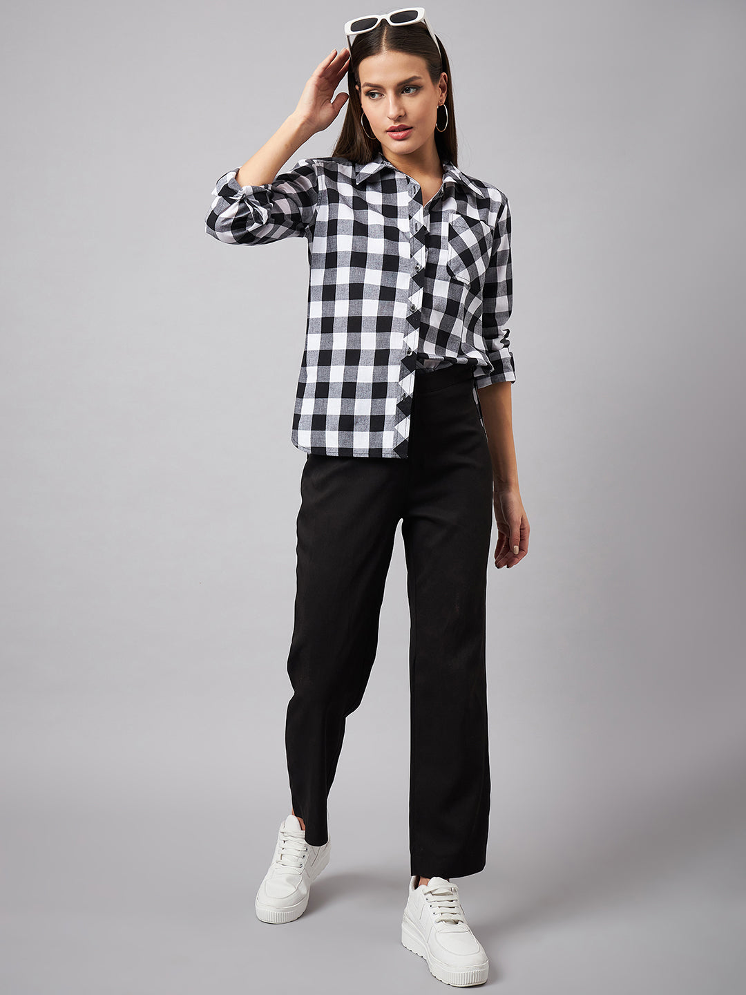 Style Quotient Women Casual Black and White Checks Spread Collar Full Sleeve Shirt-Shirts-StyleQuotient