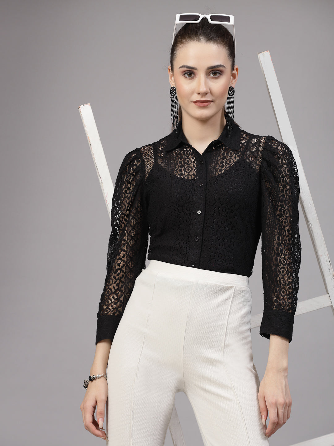 Style Quotient Women Black Lace Power Sleeve Smart Shirt-Shirts-StyleQuotient